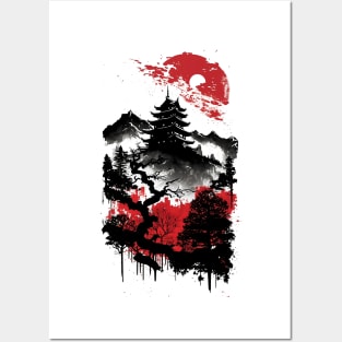 old Japanese castle - red & black print Posters and Art